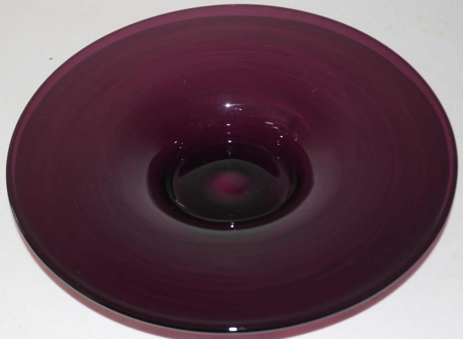 LARGE BLOWN AMETHYST GLASS PLATE, POLISHED BOTTOM: & PONTIL, POSSIBLY PAIRPOINT, 3" H, 16 1/2" DIA.