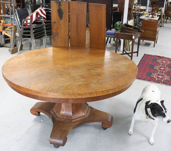 Large Round Oak Pedestal Table With 5 Leaves, Old