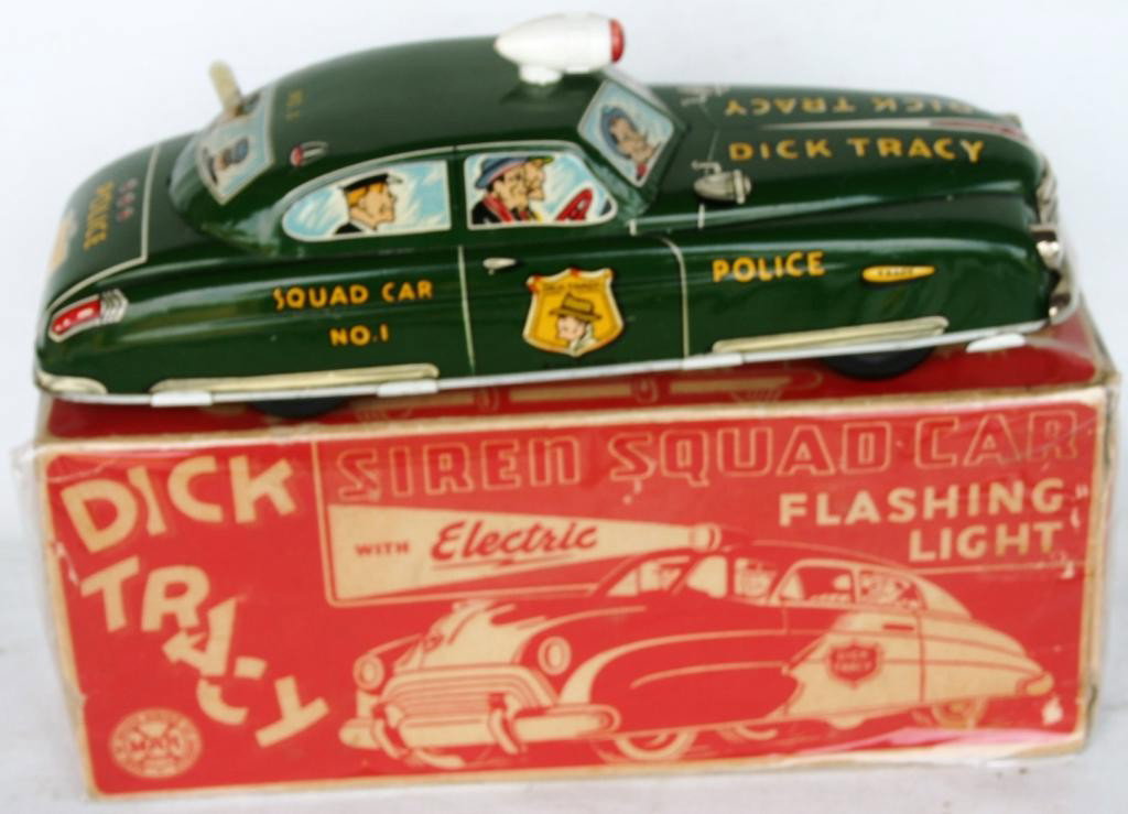 DICK TRACY LITHO TIN SQUAD CAR #1: BATTERY & KEY WIND OPERATED, BY MARX, 11 1/8" L, ORIGINAL BOX WITH RED GRAPHICS, DARK GREEN COLOR CAR