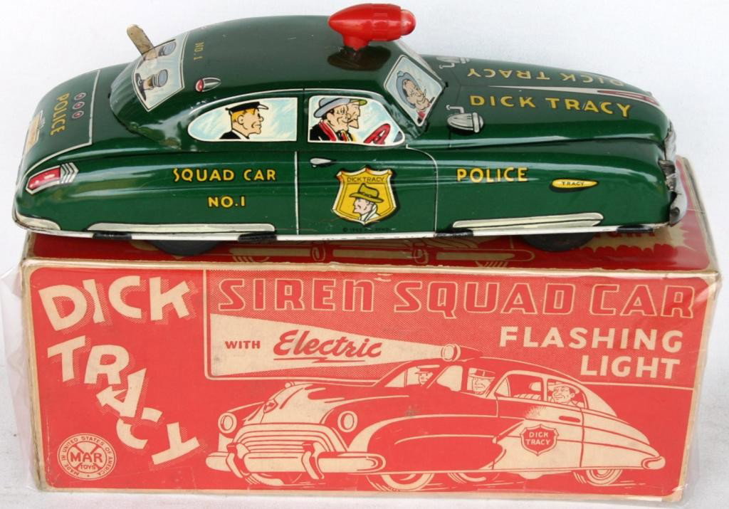 MARX LITHO TIN SQUAD CAR #1, GREEN COLOR: WIND UP & BATTERY OPERATED, ORIGINAL BOX, 11 1/8" L, MISSING KEY