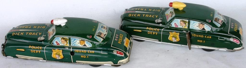 TWO MARX LITHO TIN DICK TRACY SQUAD CARS: KEY WIND & BATTERY OPERATED (ONE MISSING KEY) GREEN , 11 1/8" L