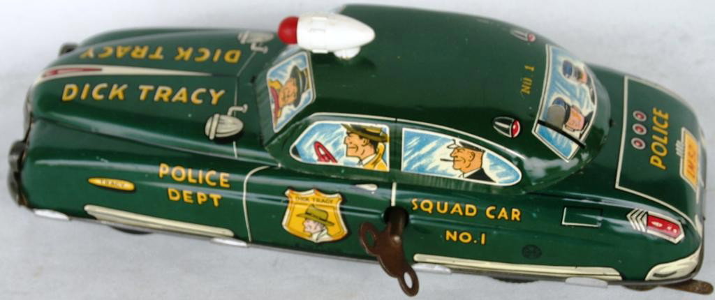 MARX LITHO TIN DICK TRACY SQUAD CAR #1: BATTERY & KEY WIND OPERATED, 11 1/8" L, GREEN COLOR CAR