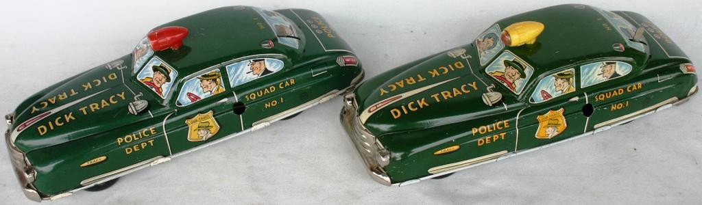 TWO MARX LITHO TIN DICK TRACY SQUAD CAR #1: BATTERY & KEY WIND OPERATED, 11 1/8" L, MISSING KEYS, GREEN COLOR
