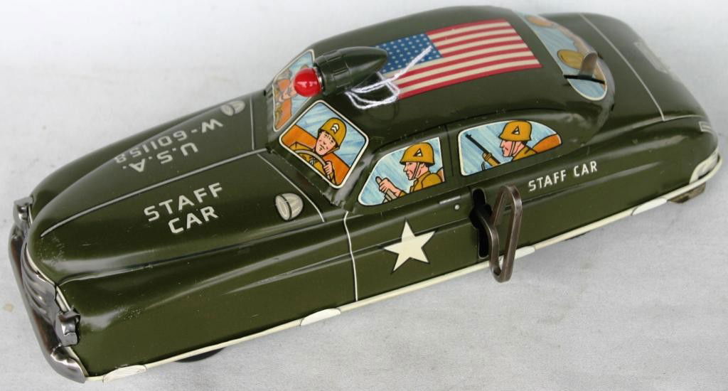 MARX LITHO TIN TOY ARMY STAFF CAR: WIND UP & BATTERY 11 1/8" L,