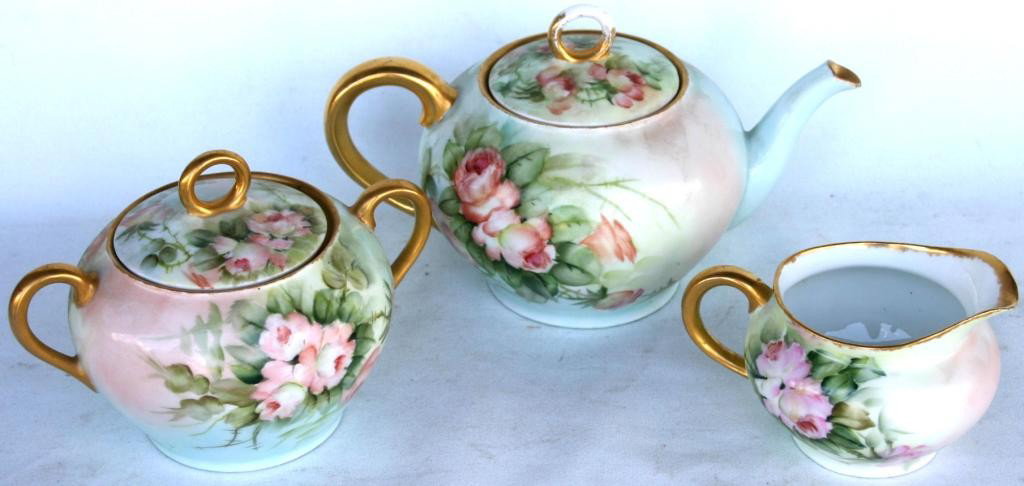 3 PC. BAVARIAN PAINTED PORCELAIN TEA SET,: FLORAL DESIGN, ARTIST SIGNED A. SMITH, 3" - 6" H, 5 1/2" - 9 1/2" L