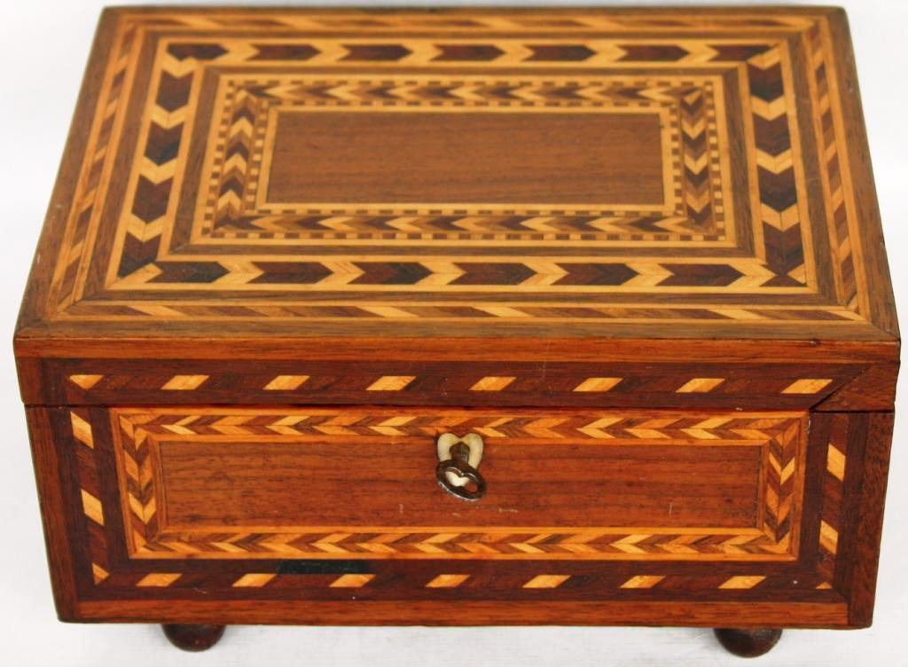 LATE 19TH C. INLAID LIFT TOP BOX, GEOMETRIC: DESIGNS, BALL FEET, FITTED INTERIOR, IVORY HEART ESCUTCHEON, 4 1/2" H, 8" W, 6" D
