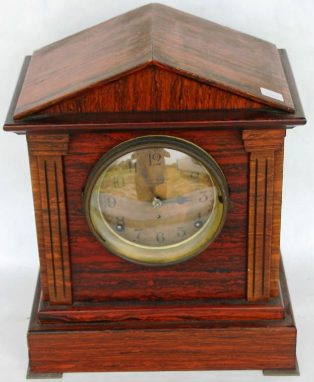 SETH THOMAS MANTLE CLOCK WITH SONORA CHIME,: ROSEWOOD FINISH GRECIAN STYLE, CASE, 13 3/4" H, 11" W, 7 1/4" D, CHIME MECHANISM AS IS, NO PENDULUM OR KEY