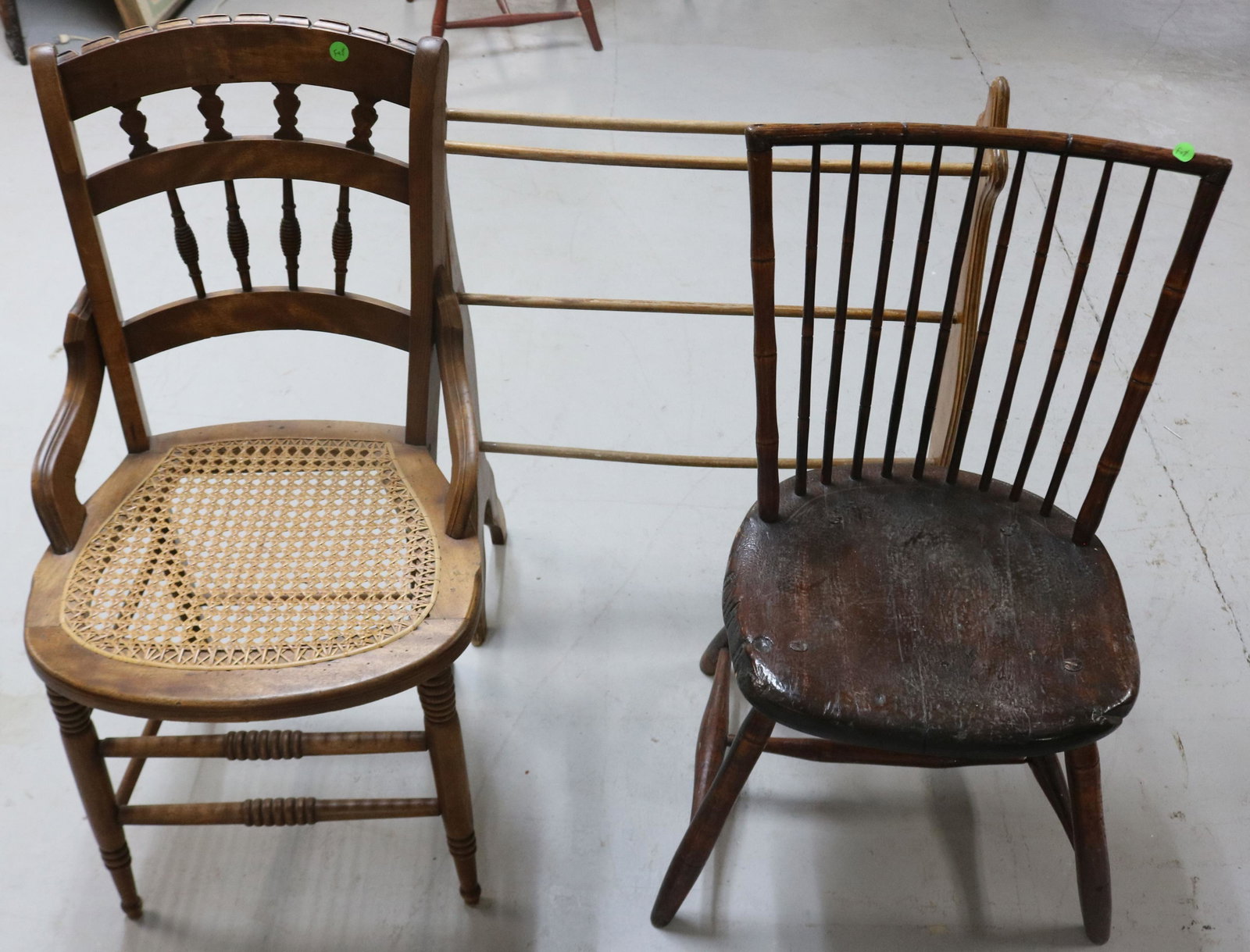 LOT OF THREE PCS FURNITURE: INC STICK WINDSOR, CANE SEAT SIDE CHAIR AND A TOWEL RACK, 31" TO 34" H.