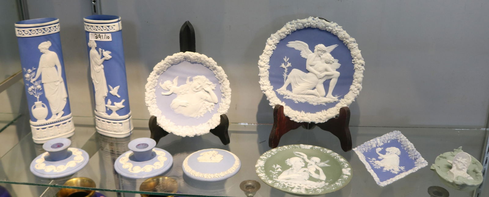 10 PCS OF JASPERWARE: INC TRAYS, VASES AND CANDLESTICKS BY WEDGWOOD, GERMAN, ETC.