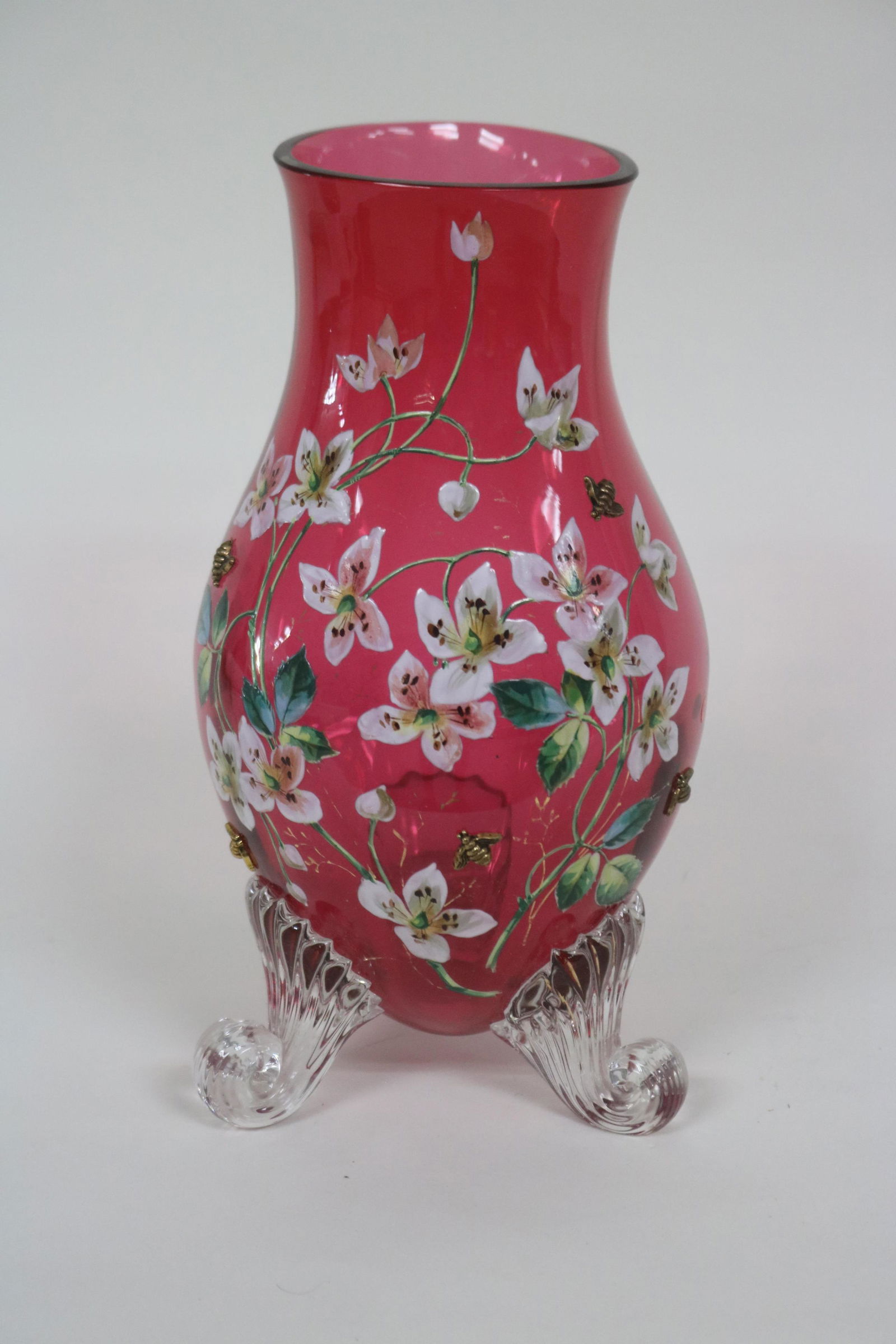 SIGNED MOSER ENAMELED CRANBERRY FOOTED VASE (1 of 5)