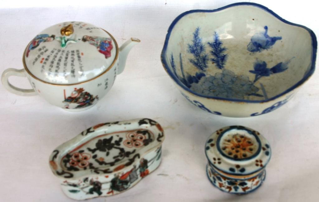 3 QUALITY PCS. OF ORIENTAL PORCELAIN,: TO INCLUDE TEA POT, BOWL, COVERED JAR, TOGETHER WITH FAIENCE SANDER
