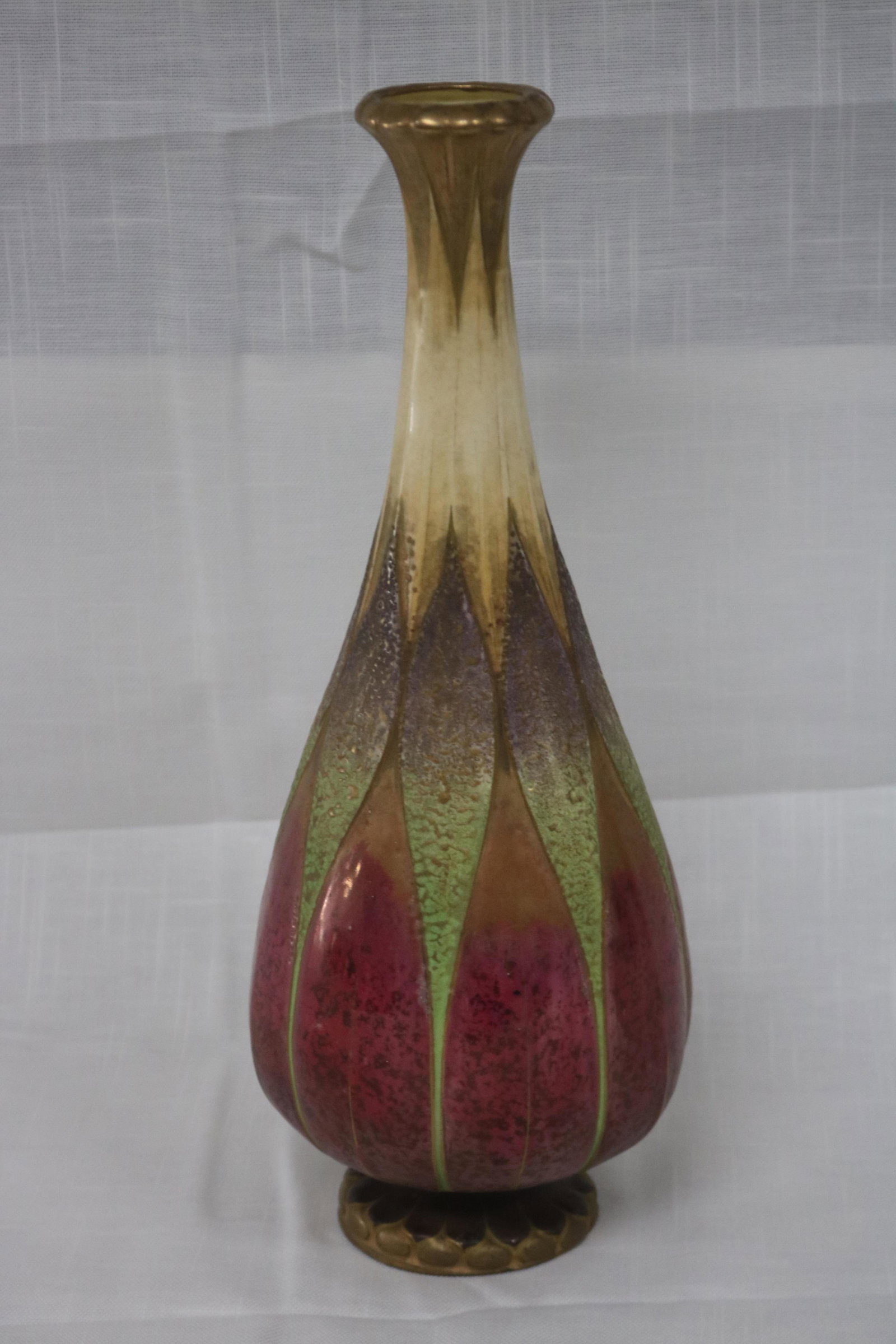AMPHORA POTTERY VASE: TALL VASE WITH POLYCHROME GEOMETRIC DECORATION AND STAMPED SIGNATURE, 13 1/4" H,