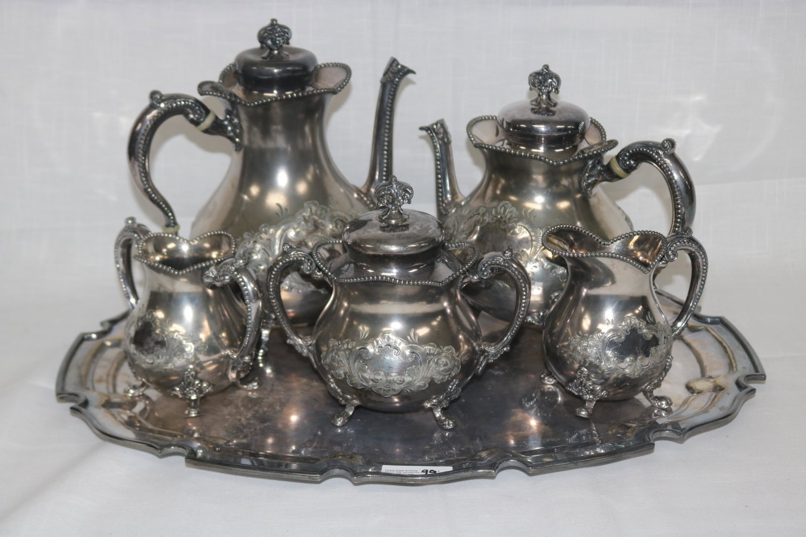 SILVER PLATED TEA/COFFEE SERVICE: INCLUDES TEAPOT, COFFEE POT, CREAMER/SUGAR, COVERED WASTE BOWL AND TRAY, 10 1/4" H, SIGNED FOR THE BARBOUR SILVER CO.