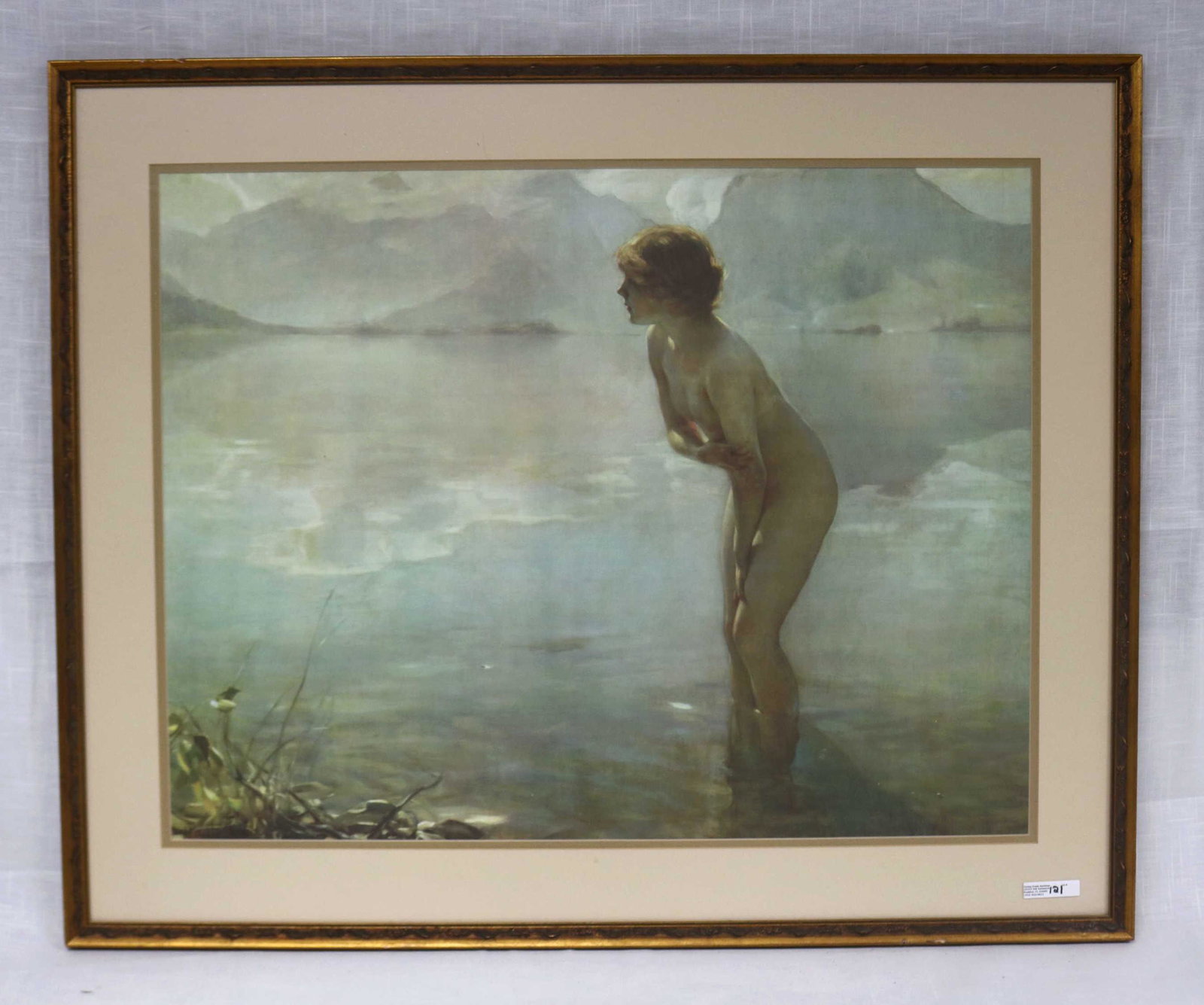 PRINT AFTER PAUL CHABAS: "SEPTEMBER MORN", DEPICTING A NUDE BY A LAKE, FRAMED AND MATTED, 27 1/8" X 33 1/8" OVERALL,