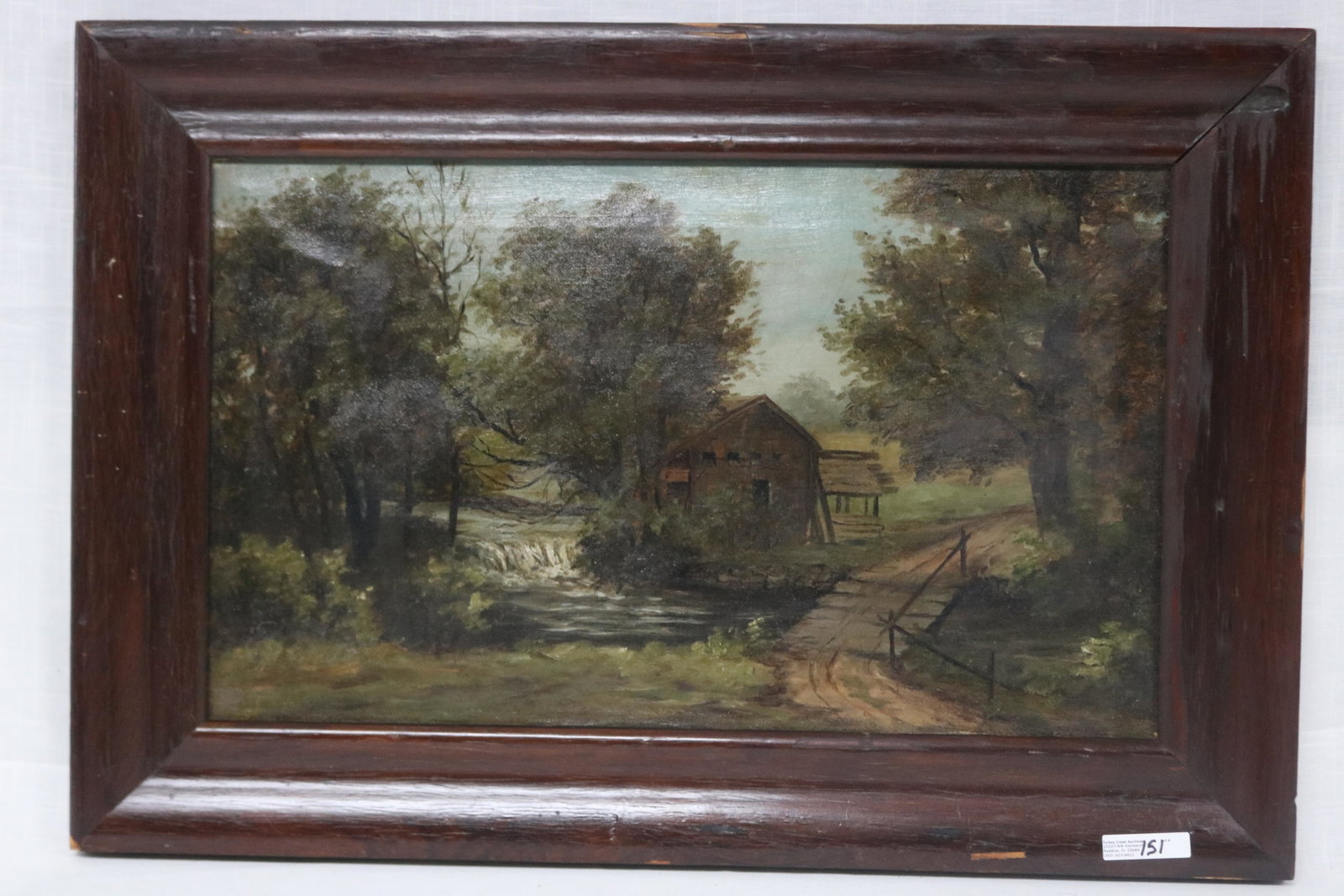 19TH CENTURY OIL ON CANVAS: DEPICTING A BARN BY A BROOK, UNSIGNED, CANVAS IS SLIGHTLY LOOSE, 12" X 20" SIGHT, 17 1/4" X 25 1/4" OVERALL,