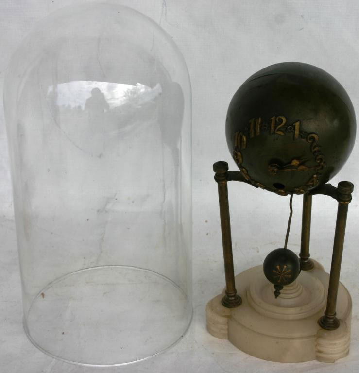 BRASS and ALABASTER GLOBE FORM CLOCK: UNDER DOME, CLOCK 9 1/2" H, DOME 11" H, UNKNOWN WORKING CONDITION