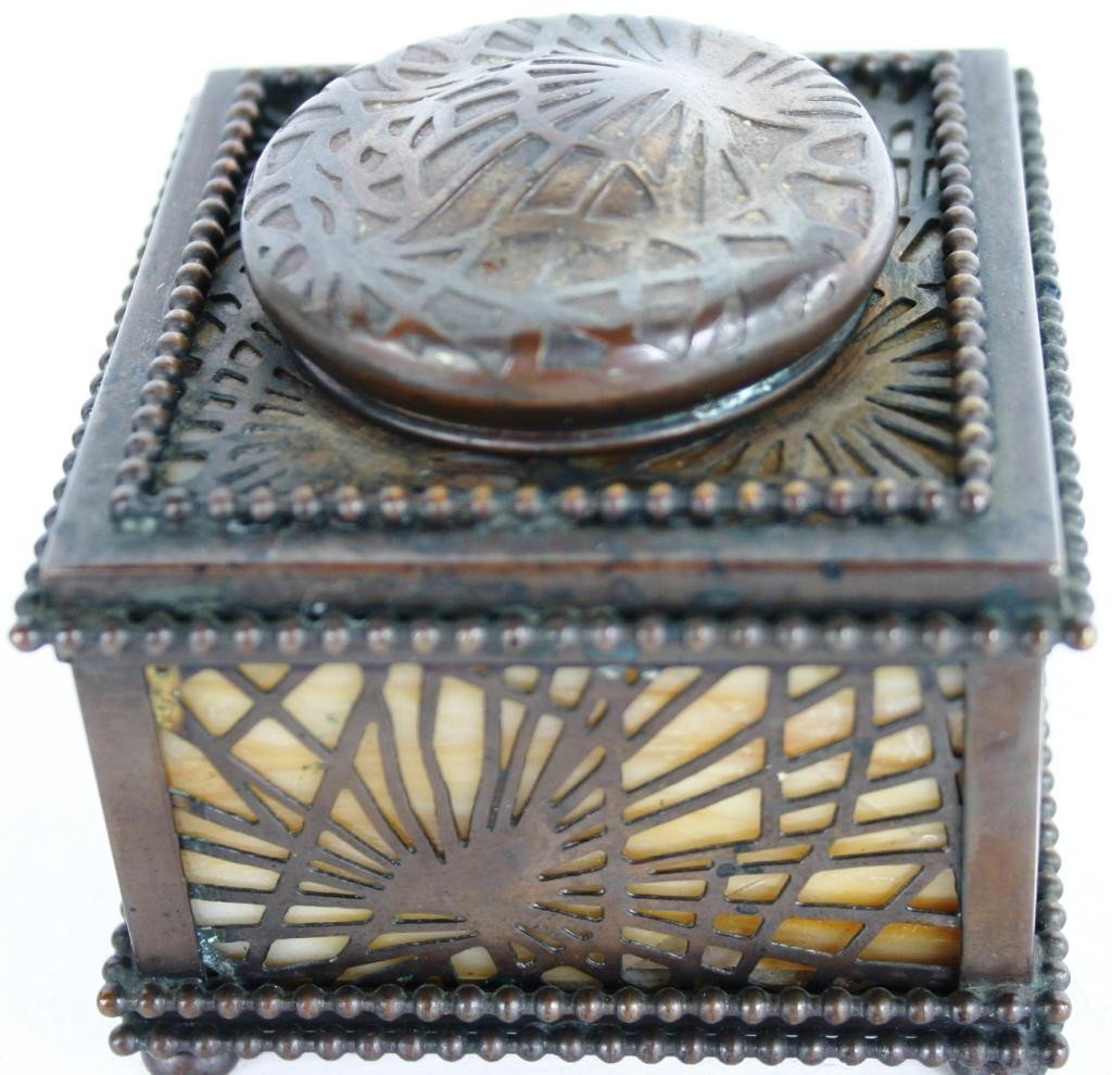 TIFFANY STUDIOS INK WELL, PINE NEEDLE: DECORATION, #845, WITH SLAG GLASS INSERT, ONE PANEL SHOWS AS IS, 3" H, 3 1/4" X 3 1/4"