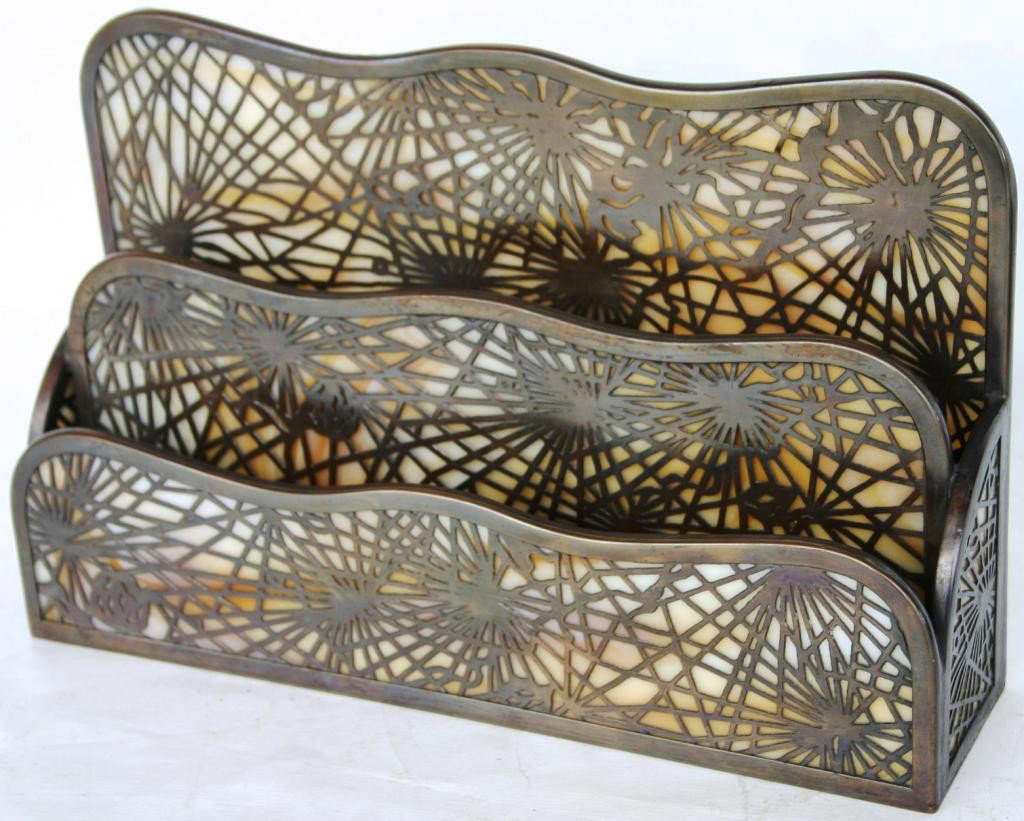 TIFFANY STUDIOS LETTER RACK, PINE NEEDLE DESIGN,: WITH SLAG GLASS INSERT, #1008, BACK PANEL SHOWS AS IS, 6 1/8" H, 9 7/8" L, 2 3/8" D