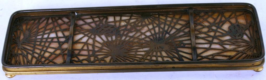 TIFFANY STUDIOS PEN TRAY, PINE NEEDLE DESIGN,: WITH AS IS SLAG GLASS INSERT, #1004, 3/4" H, 9 5/8" L, 2 3/4" W