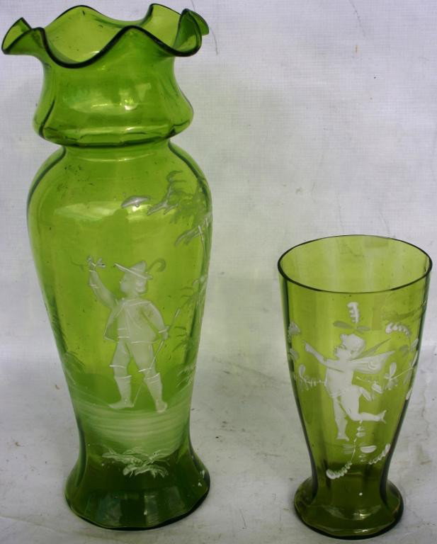 TWO PCS. OF PALE GREEN MARY GREGORY,: VASE & TUMBLER, 10 3/4" & 6" H