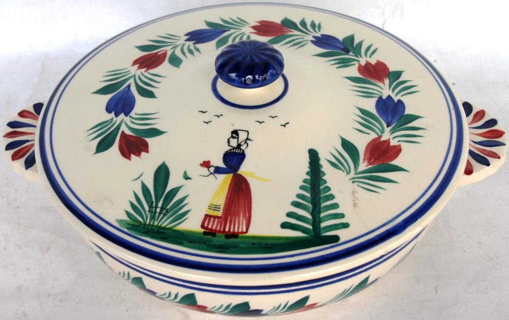 QUIMPER COVERED HANDLED TUREEN,: WITH TRADITIONAL DESIGN, 5 1/2" H, 12" W