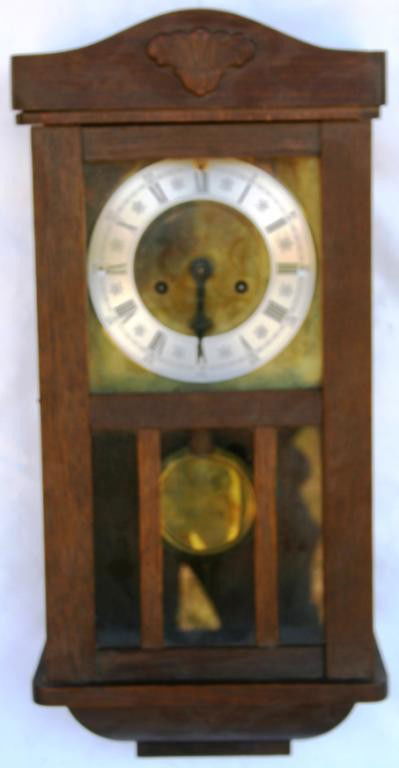 GERMAN OAK WALL CLOCK, TIME & STRIKE,: BRASS DIAL, 21 1/2" X 10" X 6"
