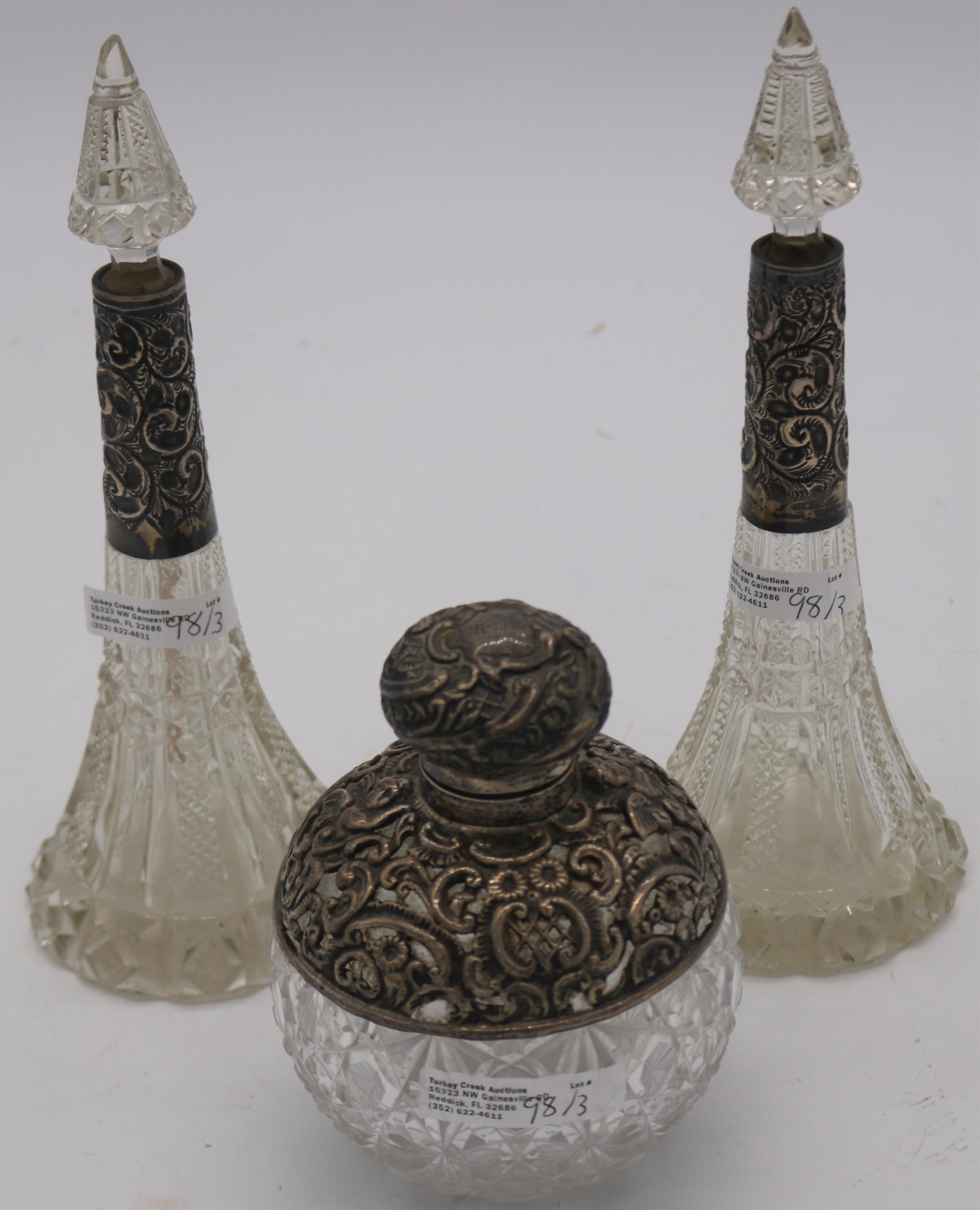 3 CUT GLASS PERFUME BOTTLE WITH BIRMINGHAM SILVER (1 of 3)