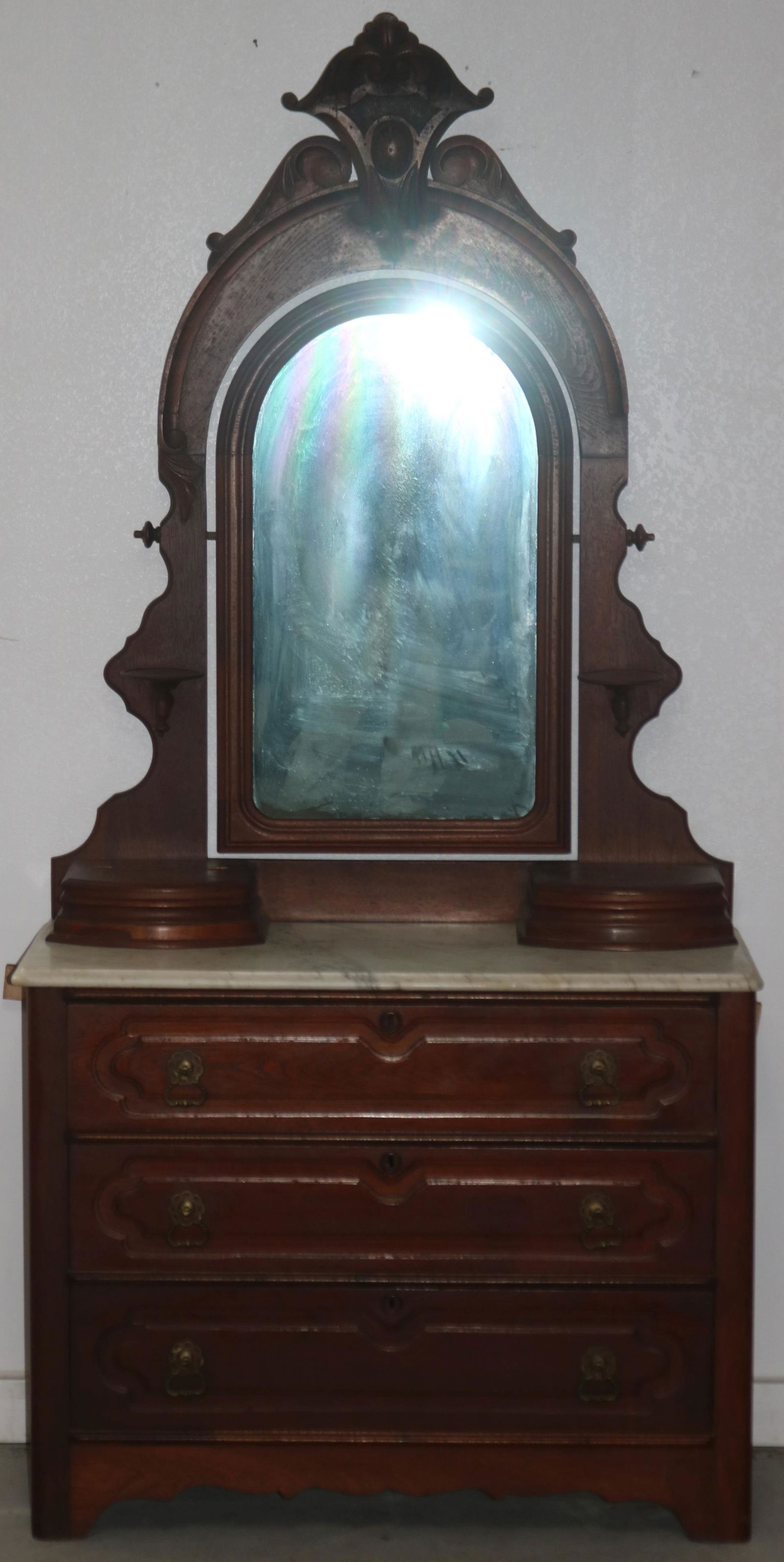VICTORIAN WALNUT MARBLE TOP CHEST WITH MIRROR, (1 of 1)