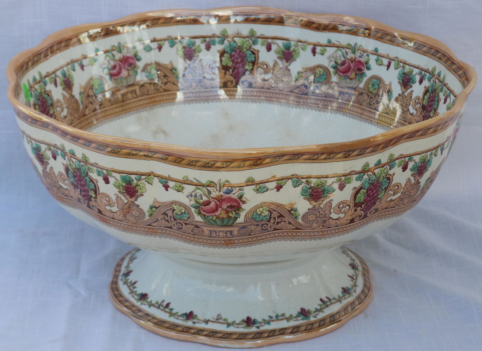 LARGE IRONSTONE PUNCH BOWL WITH FLORAL & GRAPE (1 of 3)