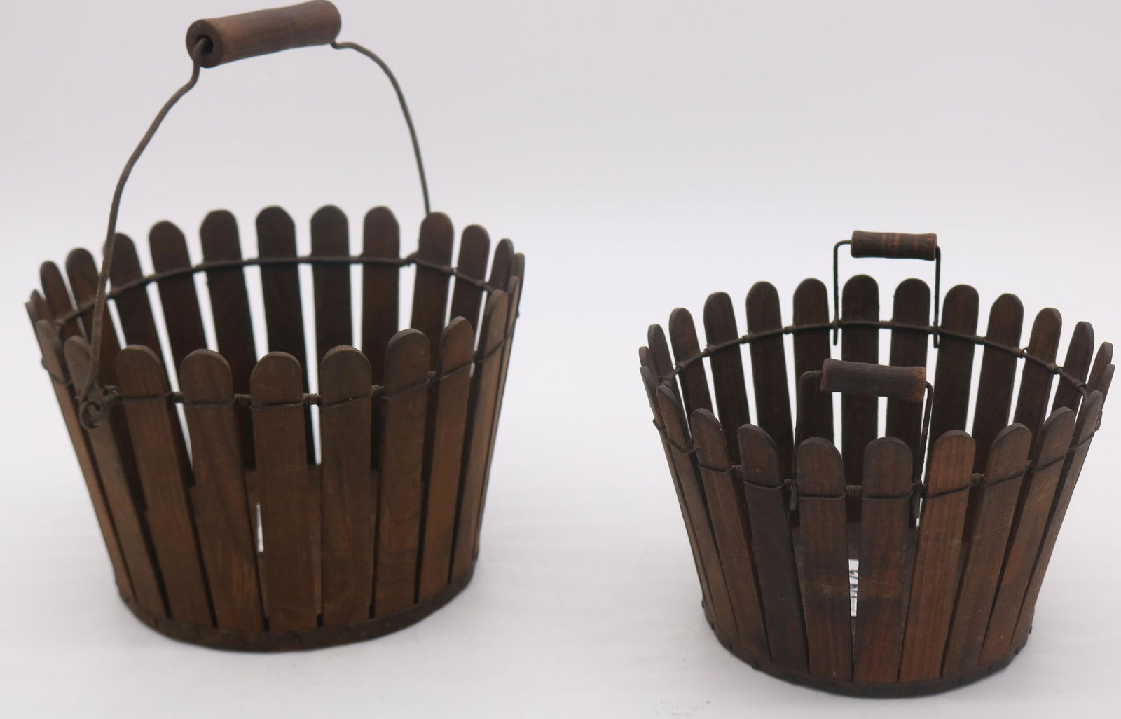 2 ROUND SWING HANDLED PICKET FENCE STYLE BASKETS, (1 of 3)