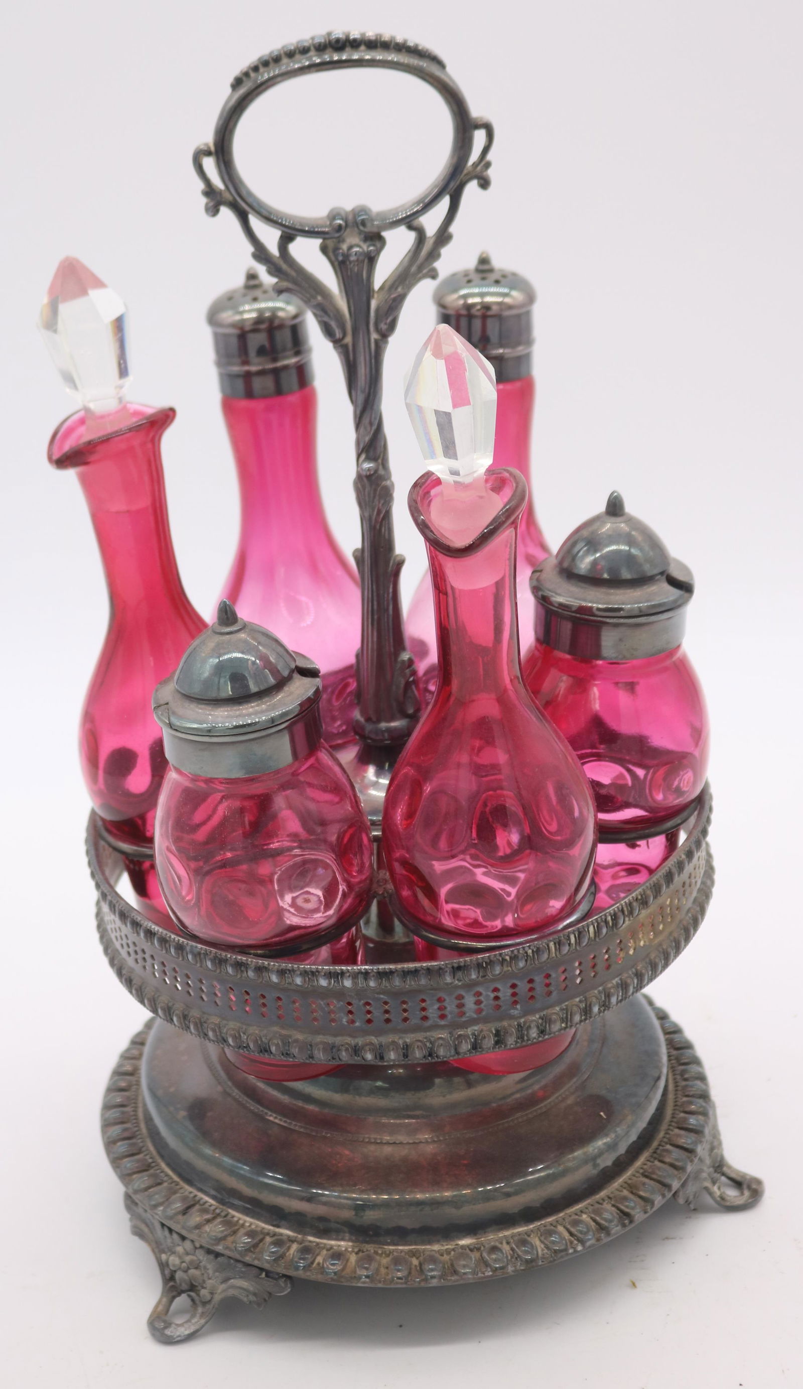 6 BOTTLE CRUET SET, CRANBERRY BOTTLE WITH (1 of 1)