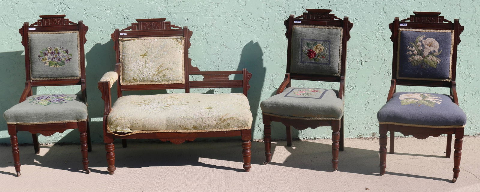 4 PCS. EASTLAKE WALNUT PARLOR SET, SETTEE & 3 (1 of 2)