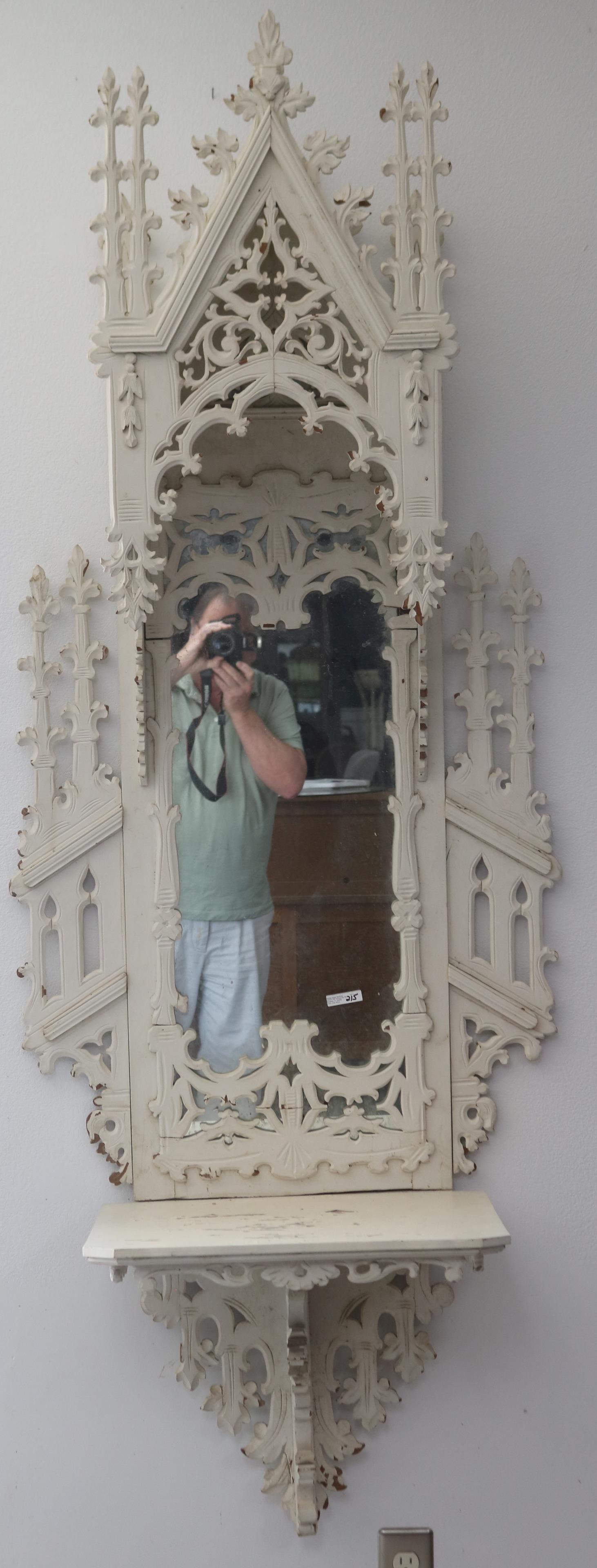 19TH C. PAINTED GOTHIC WALL SHELF, HOODED TOP, (1 of 5)