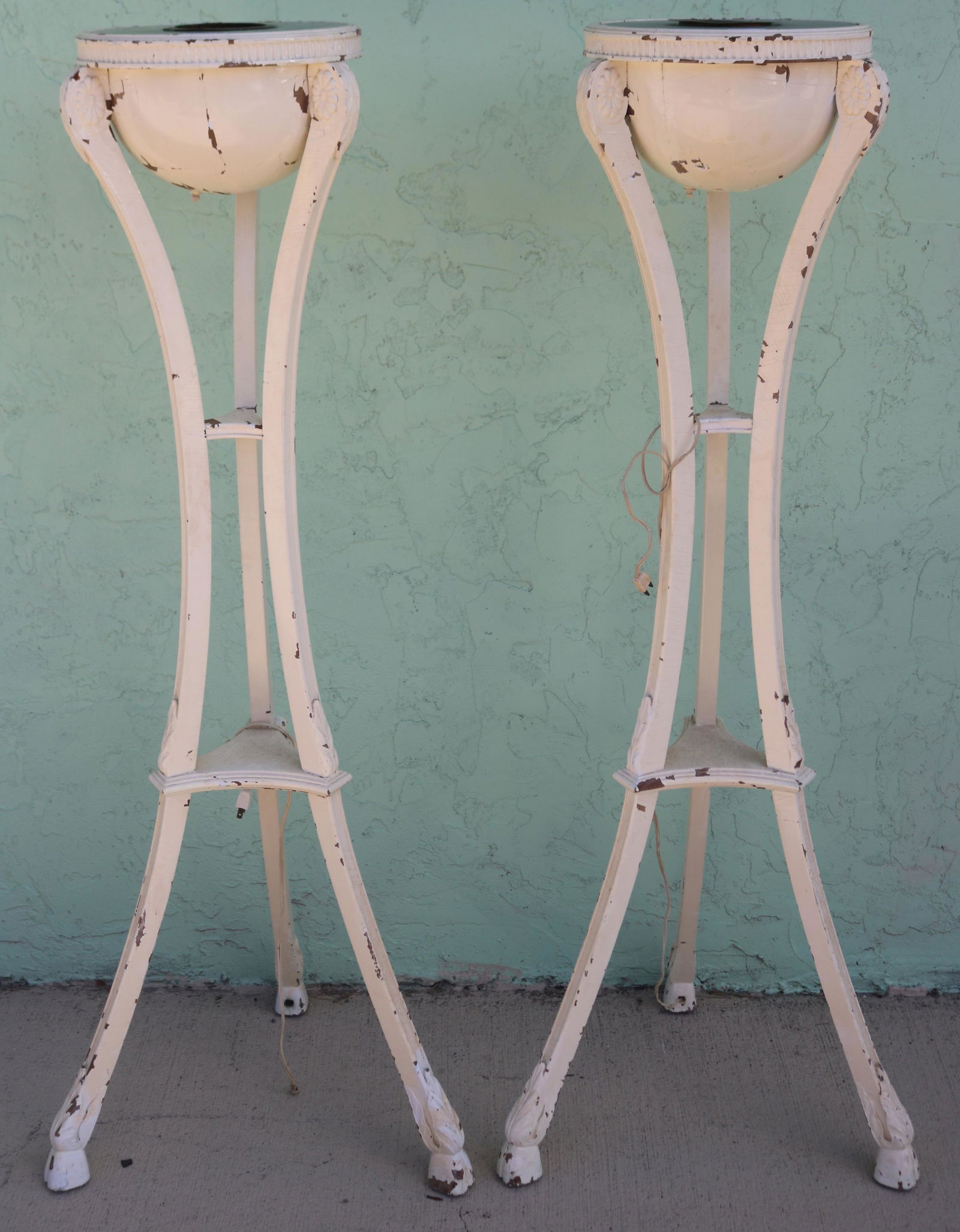 PAIR REGENCY TORCHE STYLE LAMPS, WORN WHITE (1 of 2)