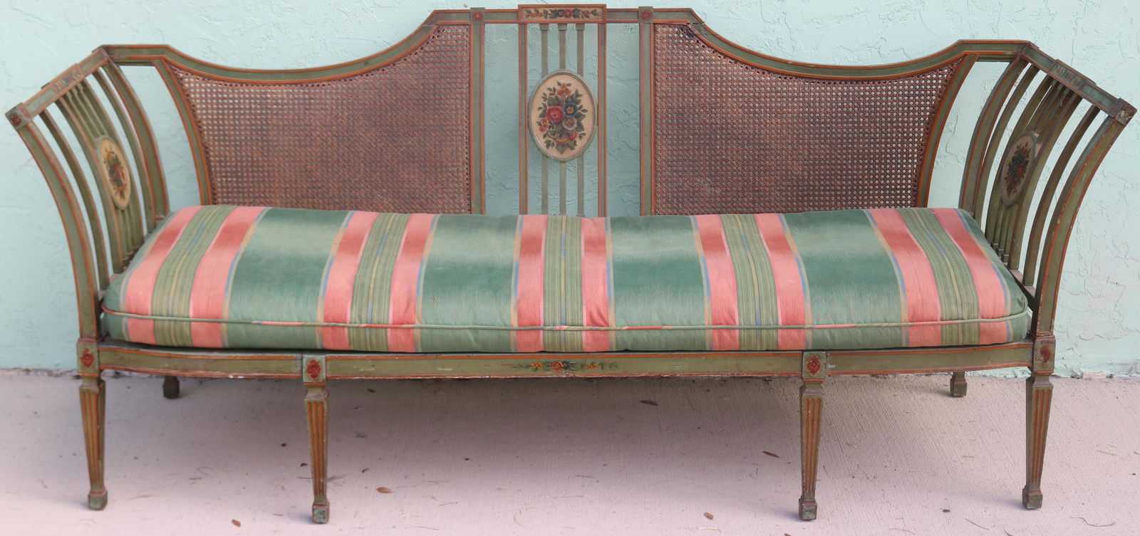1920S REGENCY STYLE SOFA, CANED BACK, UPHOLSTERED (1 of 1)