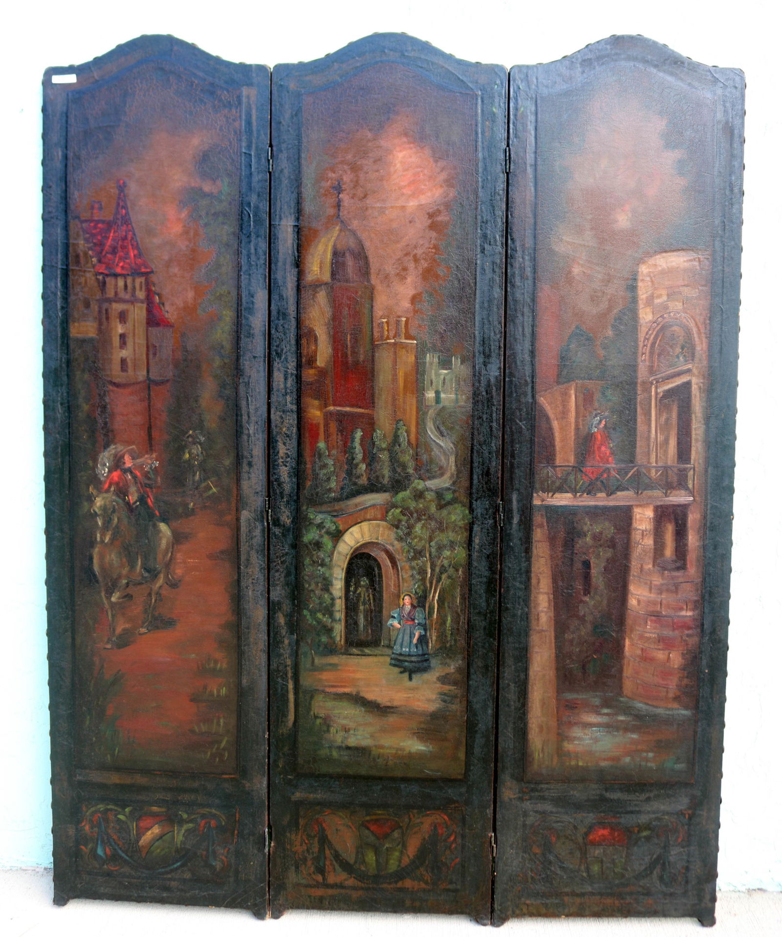 20TH C. PAINTED LEATHER 3 FOLD SCREEN, EUROPEAN (1 of 2)