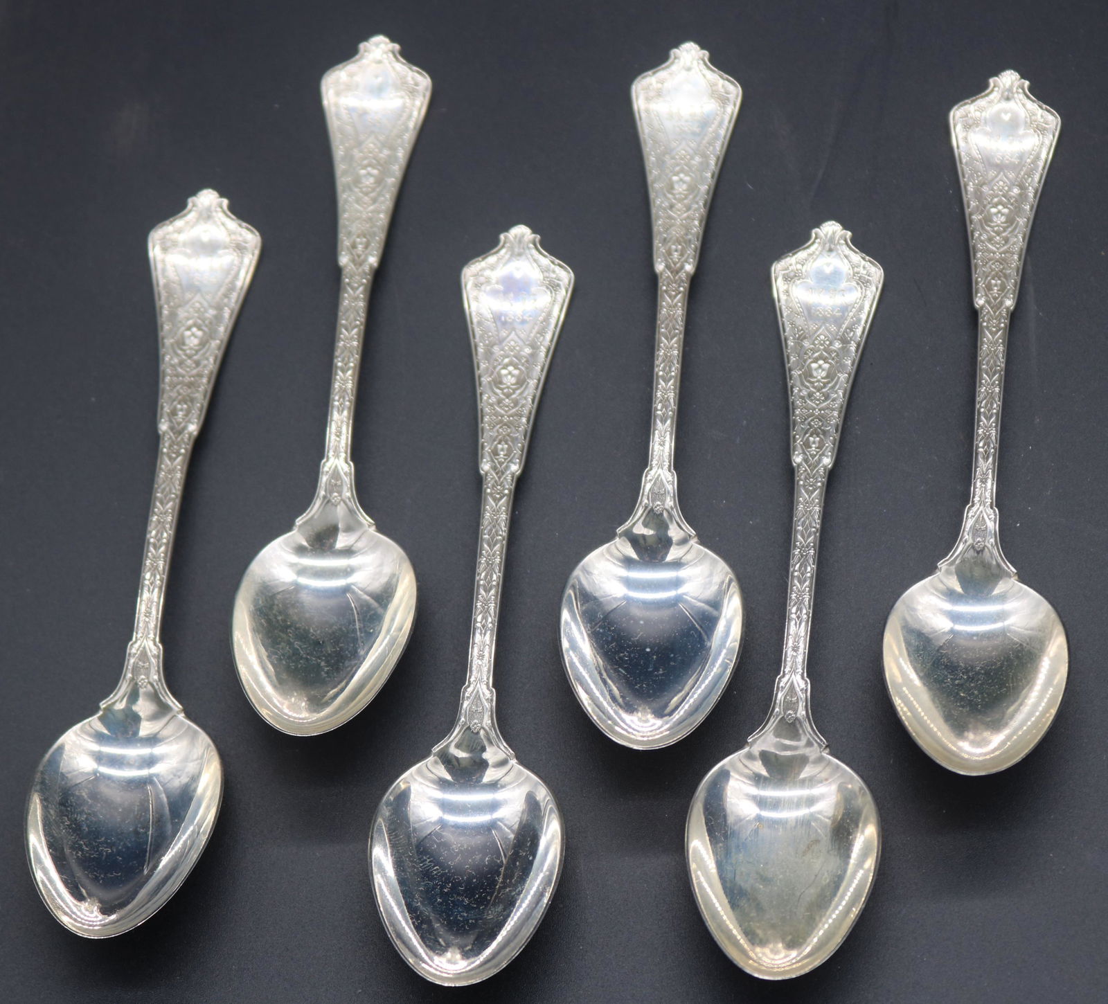 SET 6 TIFFANY SILVER TEA SPOONS 6" L, MONOGRAMMED (1 of 4)