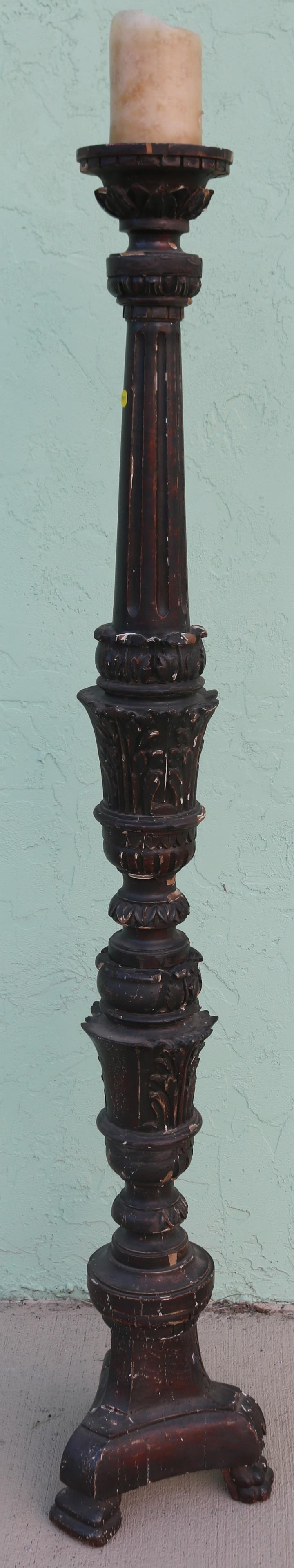 LATE 19TH C. RENAISSANCE STYLE TALL CANDLE: HOLDER, CARVED & GESSO FINISH, SHOWS SOME LOSS TO GESSO, ANIMAL CARVED FEET, 66 1/2" H, 12" BASE