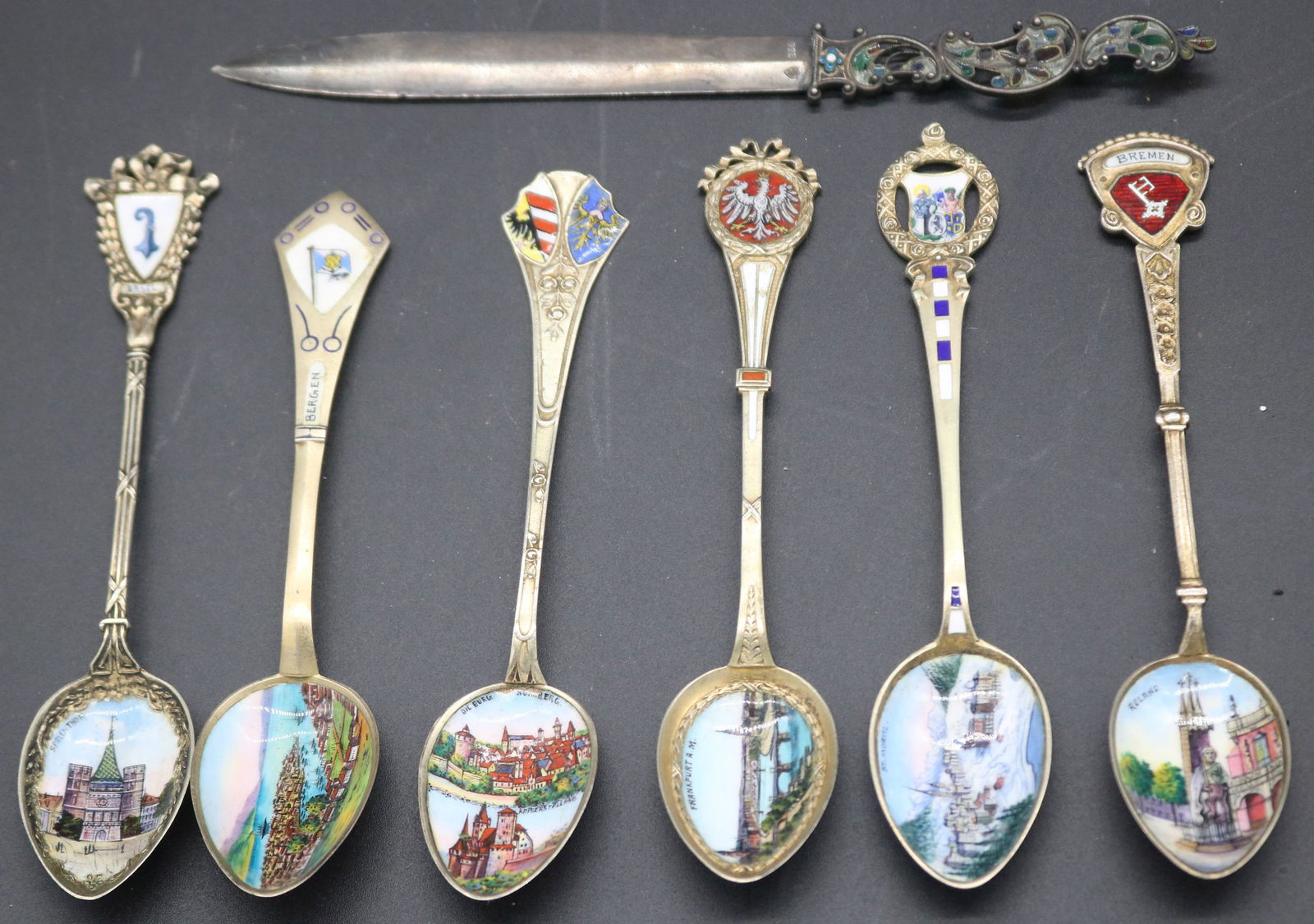 7 ENAMELED STERLING & 800 SILVER SPOONS & (1 of 5)