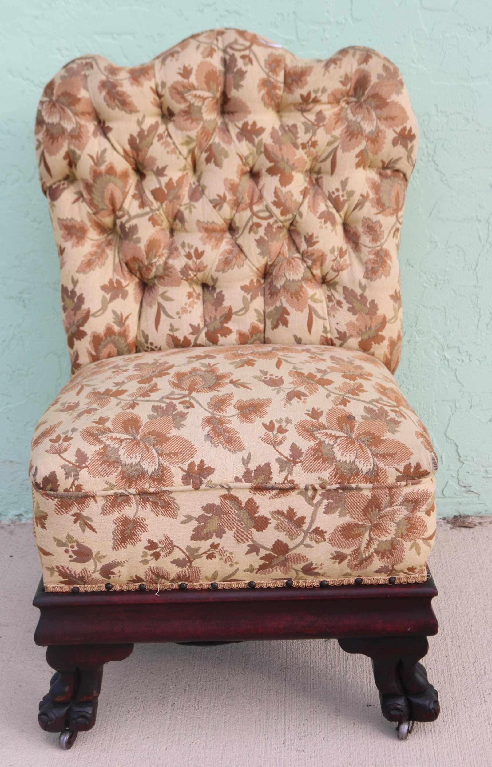 LATE 19TH C. SLIPPER CHAIR, CLAW FEET, CLEAN: UPHOLSTERY, 39" H, 23 1/2" W, 22" D, 21 1/2" SEAT HEIGHT, TUFTED BACK