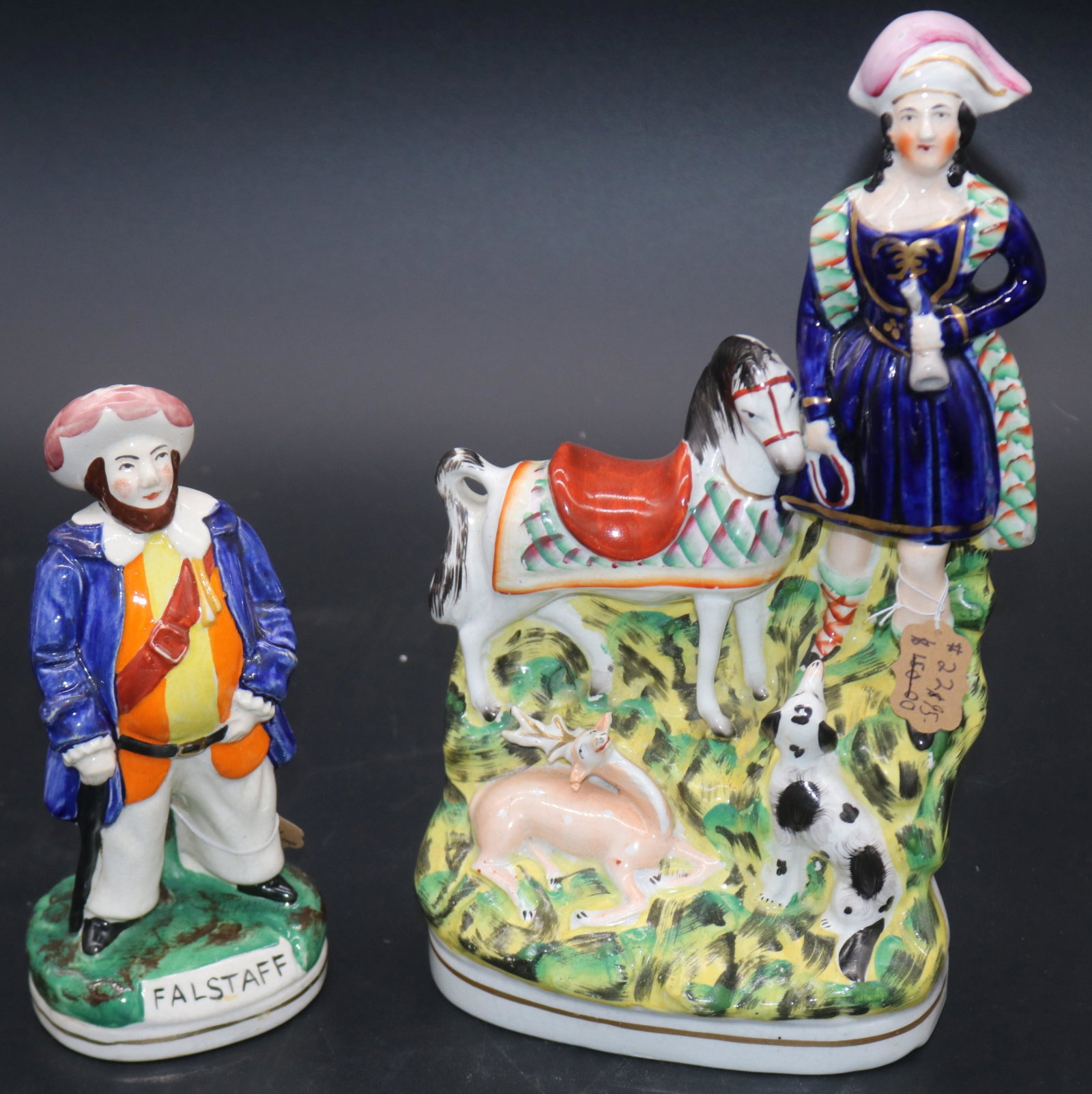 TWO 19TH C. STAFFORDSHIRE FIGURES, 7 3/4" H,: FALSTAFF & 11" SCOTTISH BOY WITH HORSE