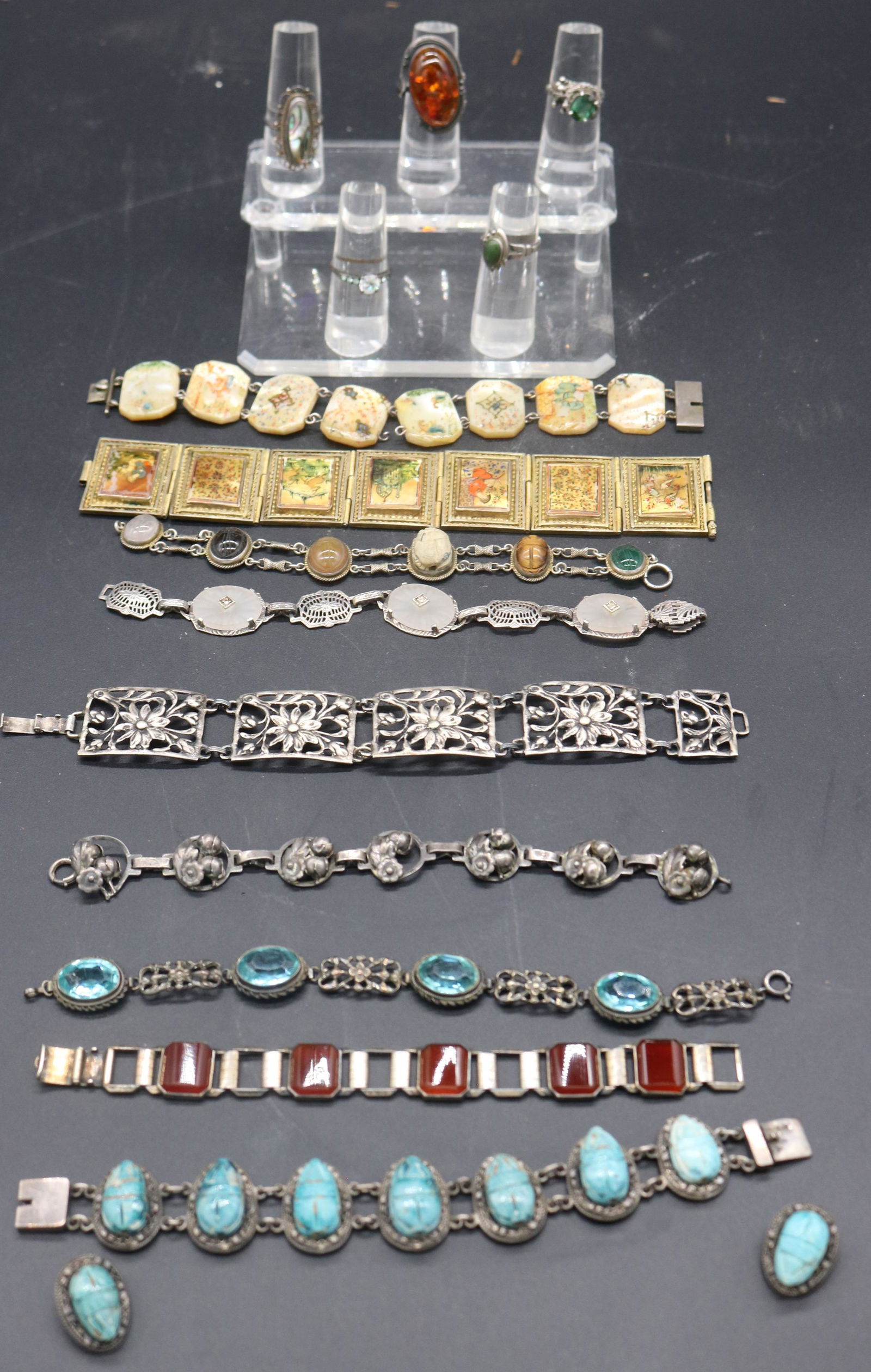 15 PCS. STERLING JEWELRY, 5 RINGS, AMBER ETC. (1 of 4)