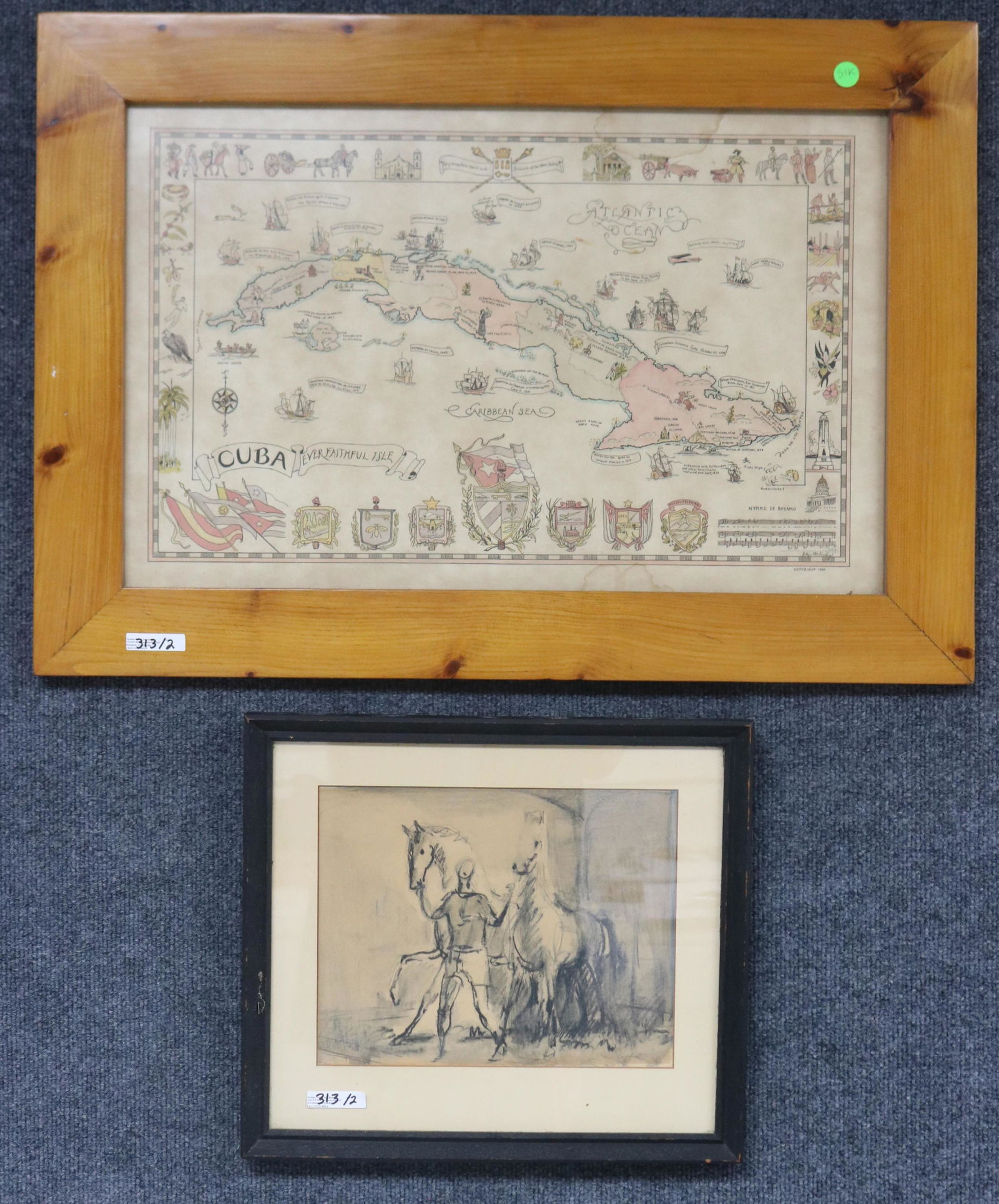 2 FRAMED ITEMS, 20TH C. MAP OF CUBA 1941, 14" X (1 of 4)