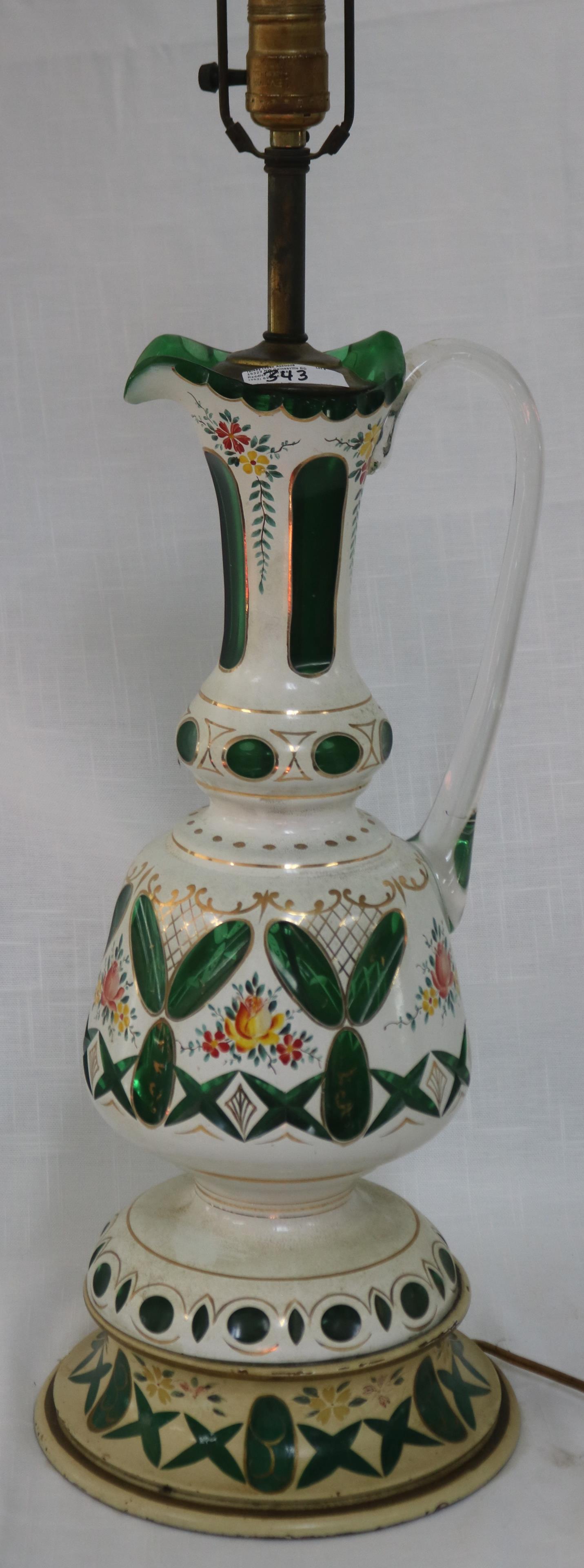 TALL BOHEMIAN OVERLAY GLASS EWER, MOUNTED AS: TABLE LAMP, 39" OVERALL HEIGHT, EWER 17 1/4" H