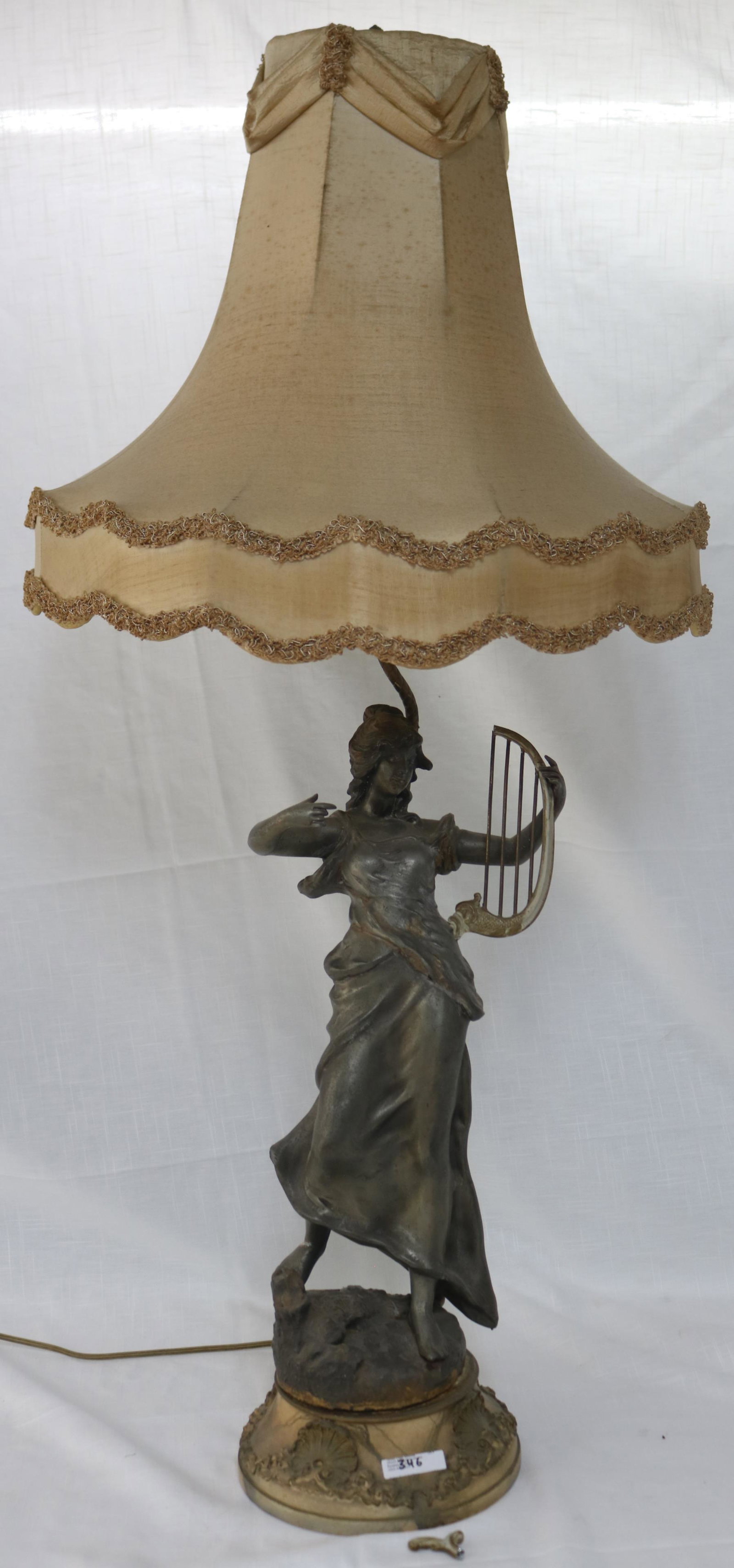 ART NOUVEAU FIGURAL LAMP, WOMAN WITH HARP, FRENCH: FOUNDRY MARKS, WHITE METAL, OVERALL 40" H, 19" FIGURE