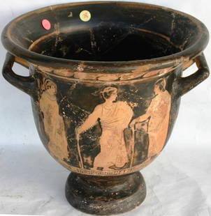 EARLY ROMAN POTTERY CAMPANA URN,: WITH HANDLES AND CLASSICAL FIGURES, HEAVILY RESTORED, 13" H, 13 1/4" DIA., PLEASE SEE TERMS & CONDITIONS