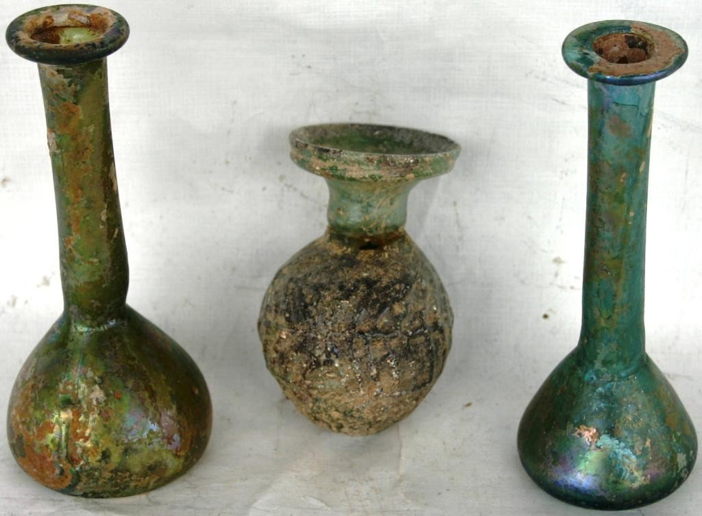 3 EARLY GLASS BOTTLES, POSSIBLY ROMAN,: PLEASE SEE TERMS & CONDITIONS
