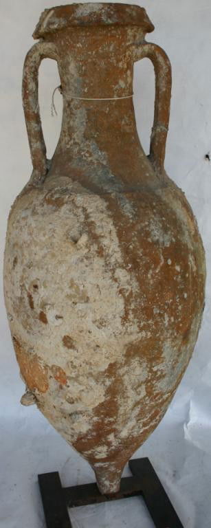 LARGE AMPHORA DOUBLE HANDLED JAR,: COVERED WITH SEA CRUSTACEANS, CUSTOM IRON BASE, JAR HEIGHT 35 1/2" H