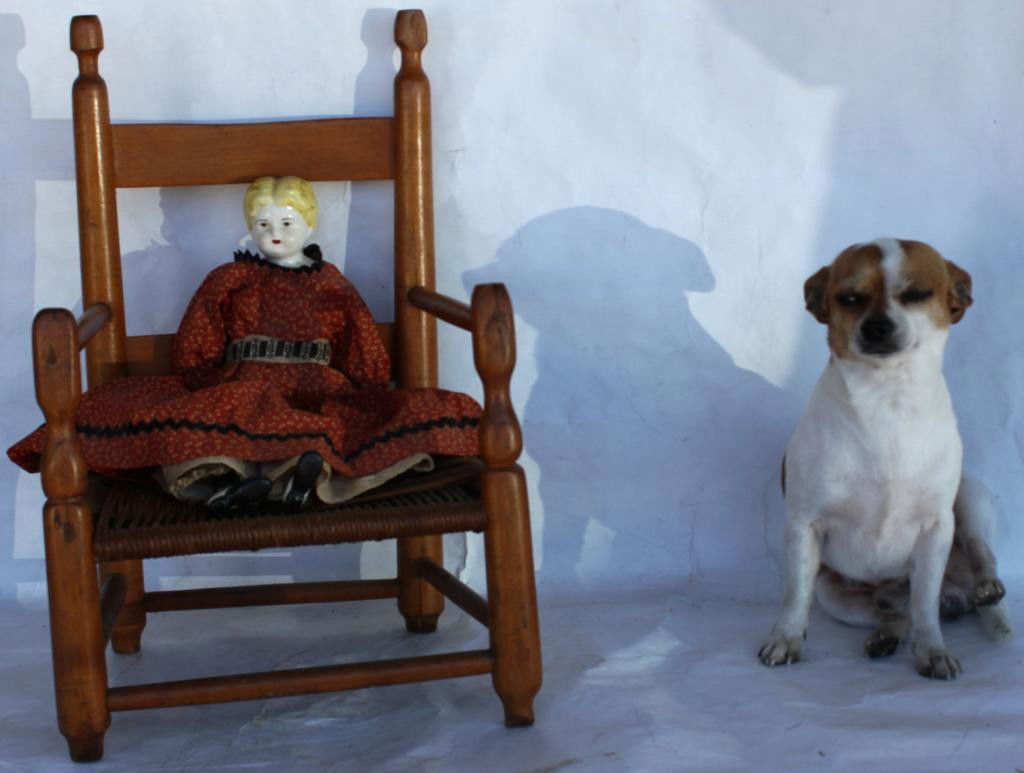 EARLY 19TH C. CHILD'S LADDER BACK ARM CHAIR,: MAPLE, REFINISHED RUSH SEAT, 19 1/2" H, TOGETHER WITH CHINA HEAD DOLL, 14" L