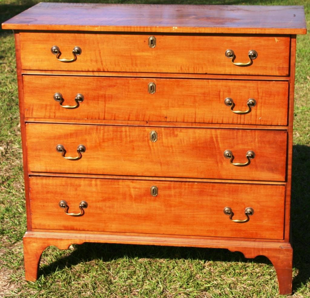 19TH C. HEPPLEWHITE 4 DRAWER CHEST,: TIGER MAPLE, HIGH BRACKET BASE, 37 1/2" H, 39 1/2" W, 19" D, PARTIAL REPAIR TO FRONT RIGHT FOOT, OLD REFINISH